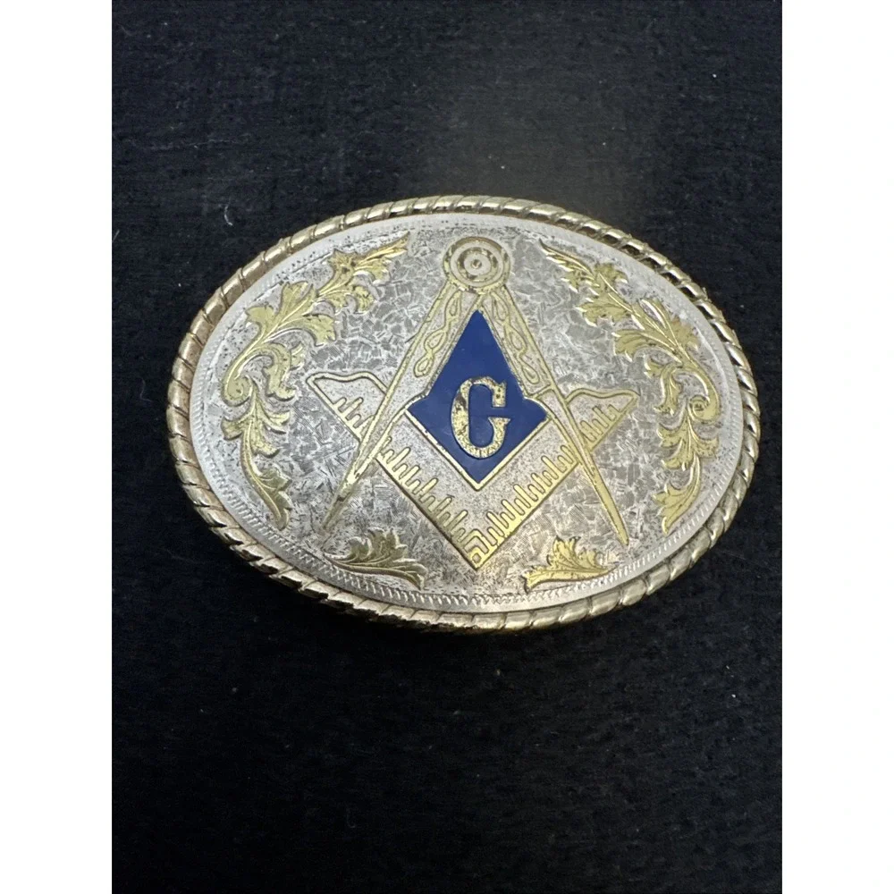 Vintage Masonic Belt Buckle Oval Gold Silver Tone Blue Freemason USA Made